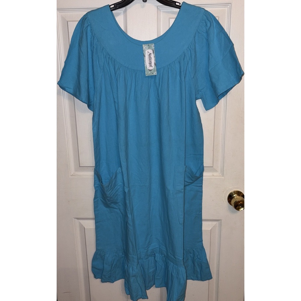 NWT National M House Patio Dress Turquoise Blue Muumuu Trad Gauze Pockets